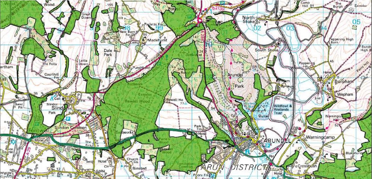 Map showing ancient woodland areas around Arundel including Tortington Common